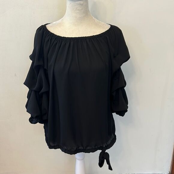 CeCe black tie waist statement sleeve blouse Size S EUC - Picture 1 of 8